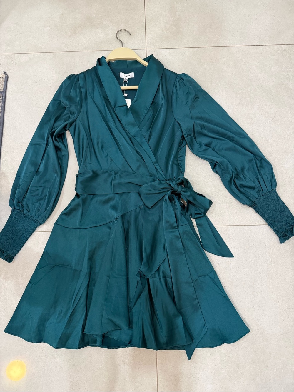 Fate Teal Satin-Look Wrap Dress with Smocked Cuffs